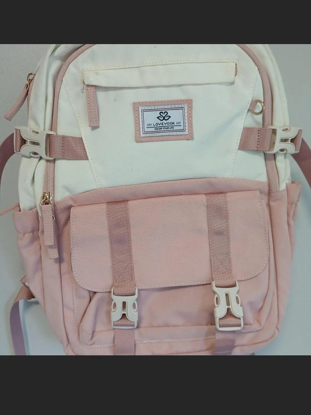 LOVEVOOK Pink & Cream Women's Backpack with Front Buckle Pocket